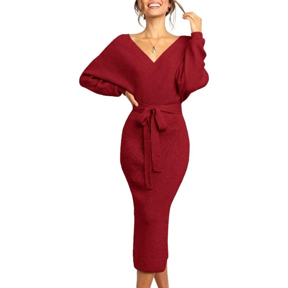 Women burgund Wrap Maxi Sweater Dress V Neck Batwing Slit Open Back Bodycon Belt